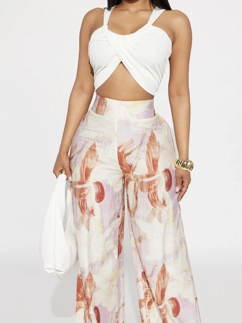 Fashion Nova Cream Wide-Leg Floral Print Jeans